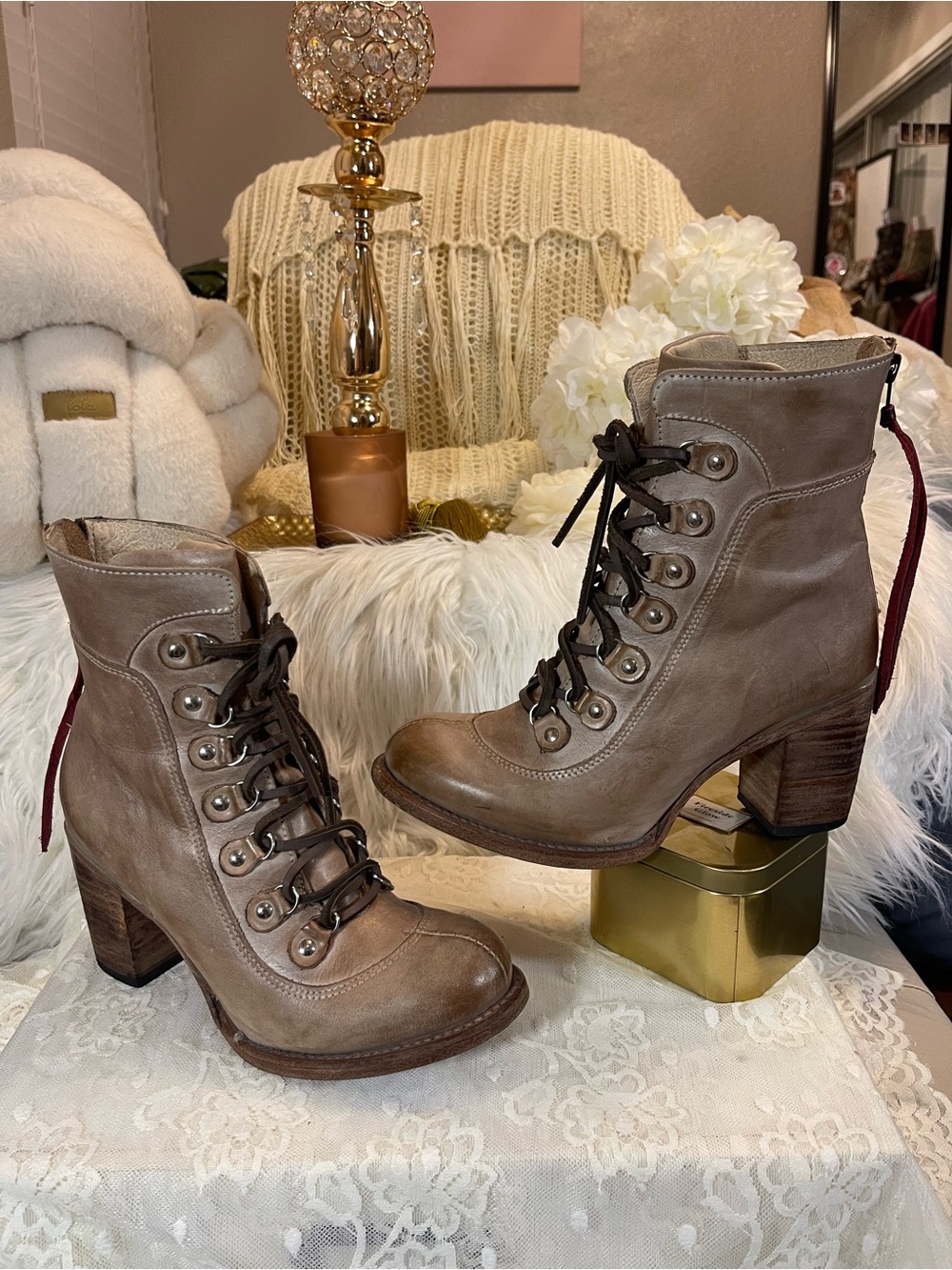 Freebird by Steven “Borow” Lace-Up Ankle Boots in Tan/Distressed Taupe MSRP$295